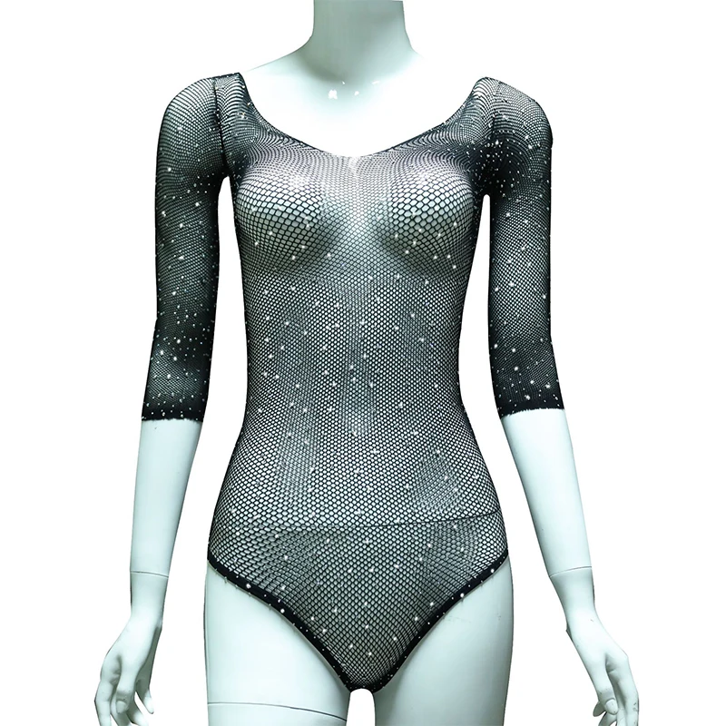 Body de manga larga con diamantes de imitación ostentosos para mujer, Body de rejilla con hombros descubiertos, malla transparente, Bodycon Sexy