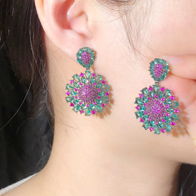 CWWZircons Aesthetic Brazilian Hot Pink and Blue Cubic Zirconia Crystal Big Dangle Drop Flower Party Earrings for Women CZ701