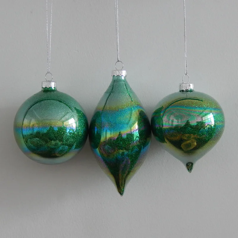 

12pcs/pack Mixed Packing Inner Green Powder Glass Pendant Christmas Day Hanging Ornament Handmade Decoration Globe Cone Onion