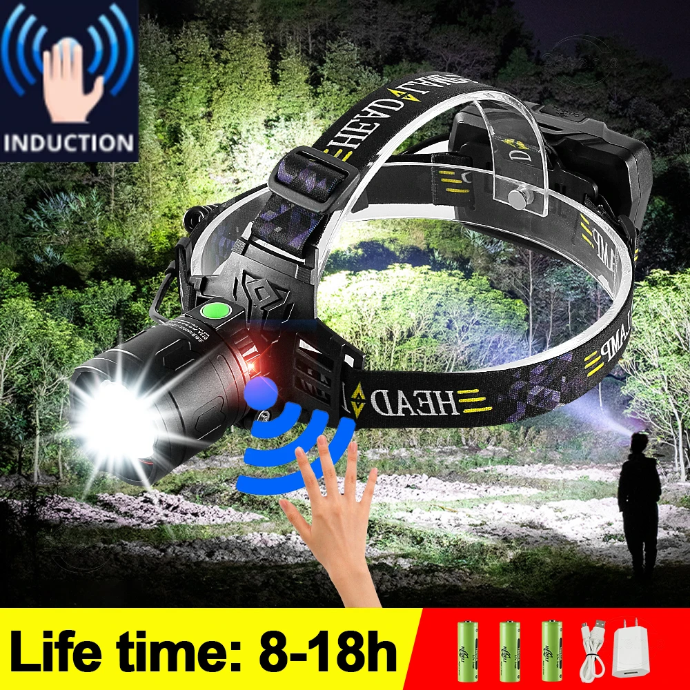 IR Sensor LED Headlamp 18650 Powerful Head Lamp Flashlight Rechargeable Front LED Head Light USB Fishing Lamp Can Be Used 18hour