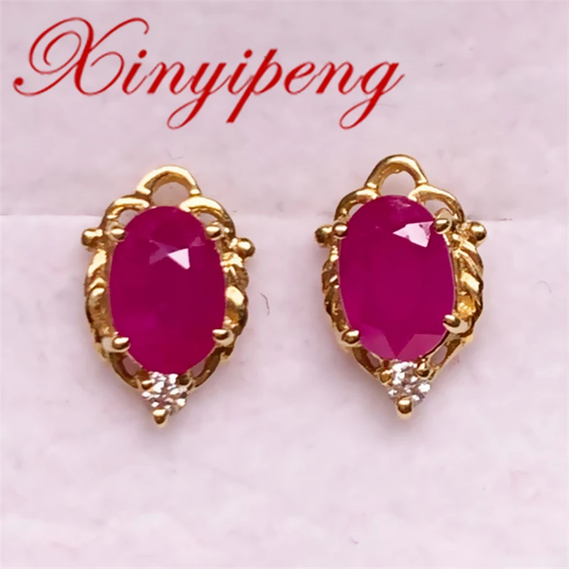 

Xin Yipeng Real 18K Yellow Gold Inlaid Natural Ruby Earrings Fine Gemstone Jewelry Wedding Engagement Gifts for Women