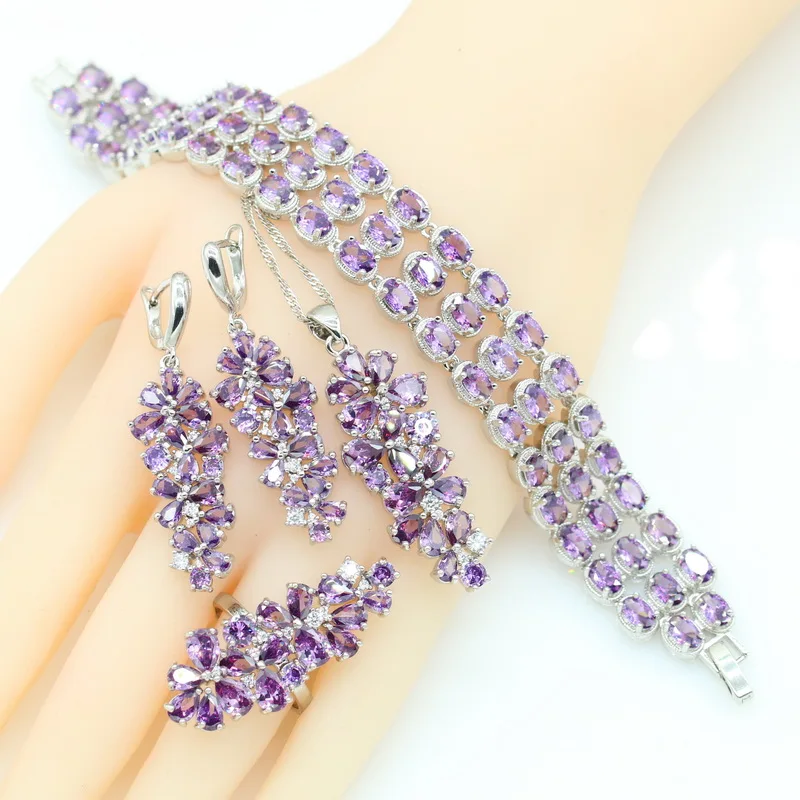 

Purple Zirconia Jewelry Sets for Women Bracelet Earrings Necklace Pendant Ring Gift Box