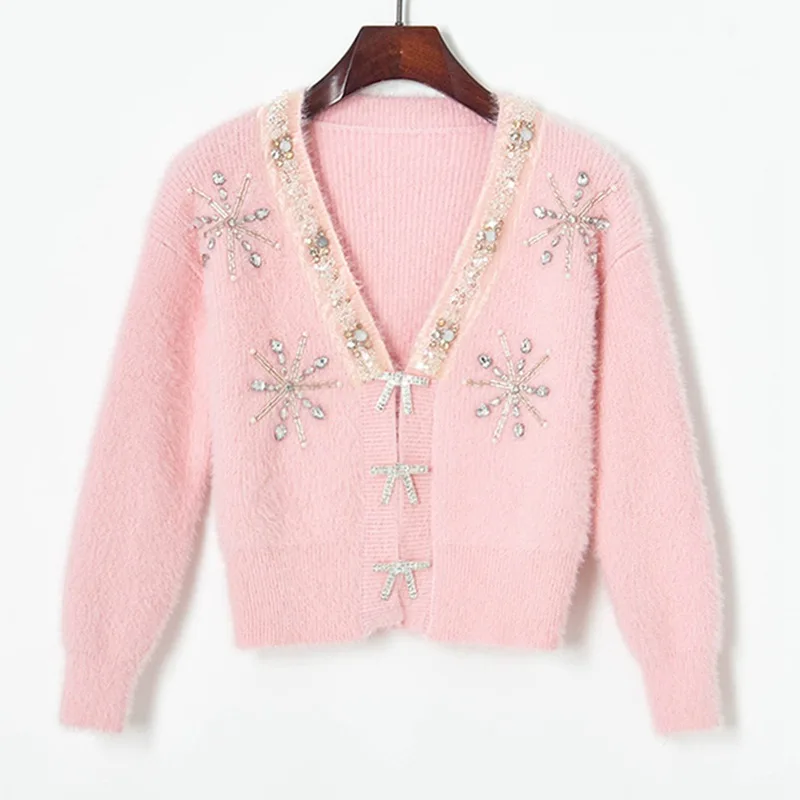 2021 Winter Cardigan Sweater Beaded Sequin Snowflake Mohair Cardigan Women V Neck Bowknot Button Knitted Cardigan White Sweater