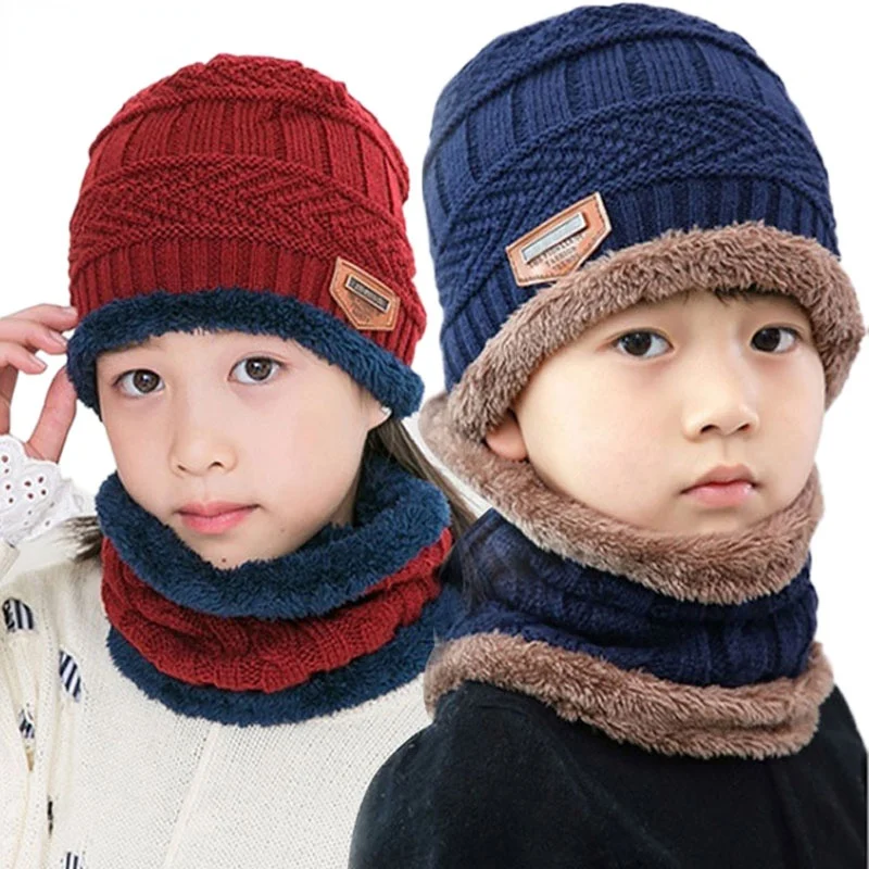 Winter Children Hats Thicken Warm Snoods For Girls Boys Scarf 2piece/set 2-14 Years Knitted Bonnets Snow Skiing