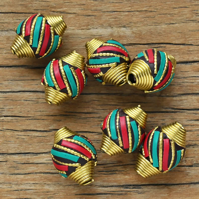 TZ-J02 Screw Spindle Handmade Red-green Nepal Beads Tibetan Letter Beads Antique Golden Red Clay For DIY Tibetan Jewelry Making