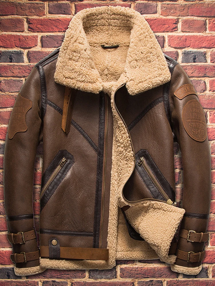 2020 New Mens B3 Sheepskin Shearling Jacket Brown Motorcycle Jacket Hunting Fur Coat Short Bomber Jacket