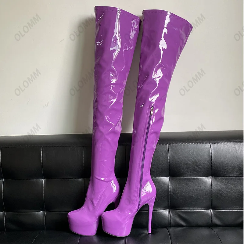 Olomm Handmade Women Spring Thigh Boots Patent Leather Side Zipper Thin High Heels Round Toe White Party Shoes Plus US Size 5-20