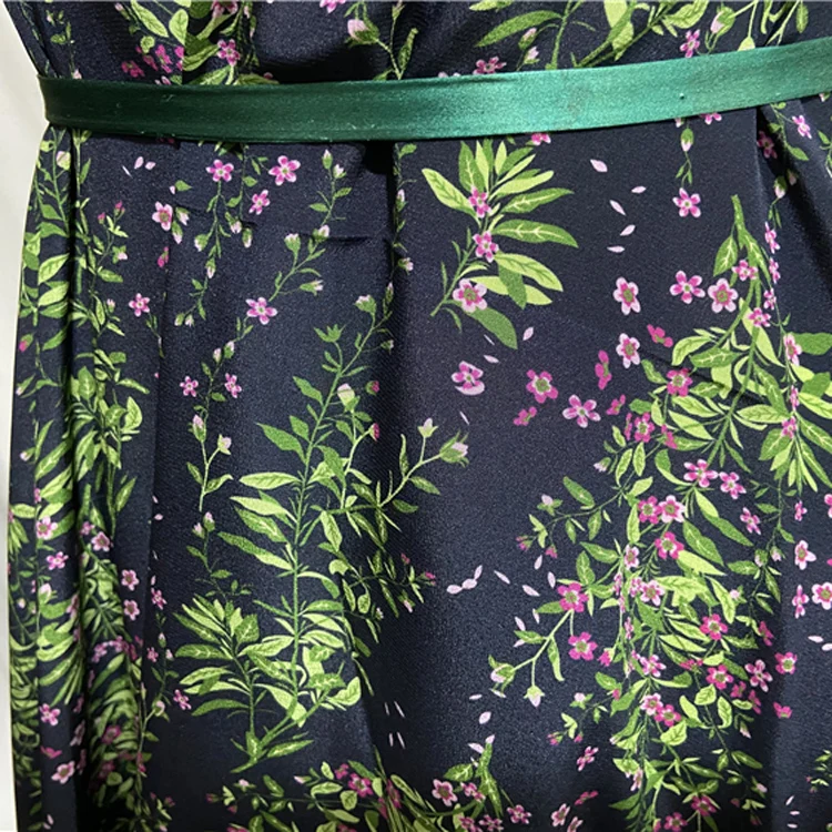 Pure silk crepe de chine fabric green leaves and floral print on navy blue bottom,SCDC1231