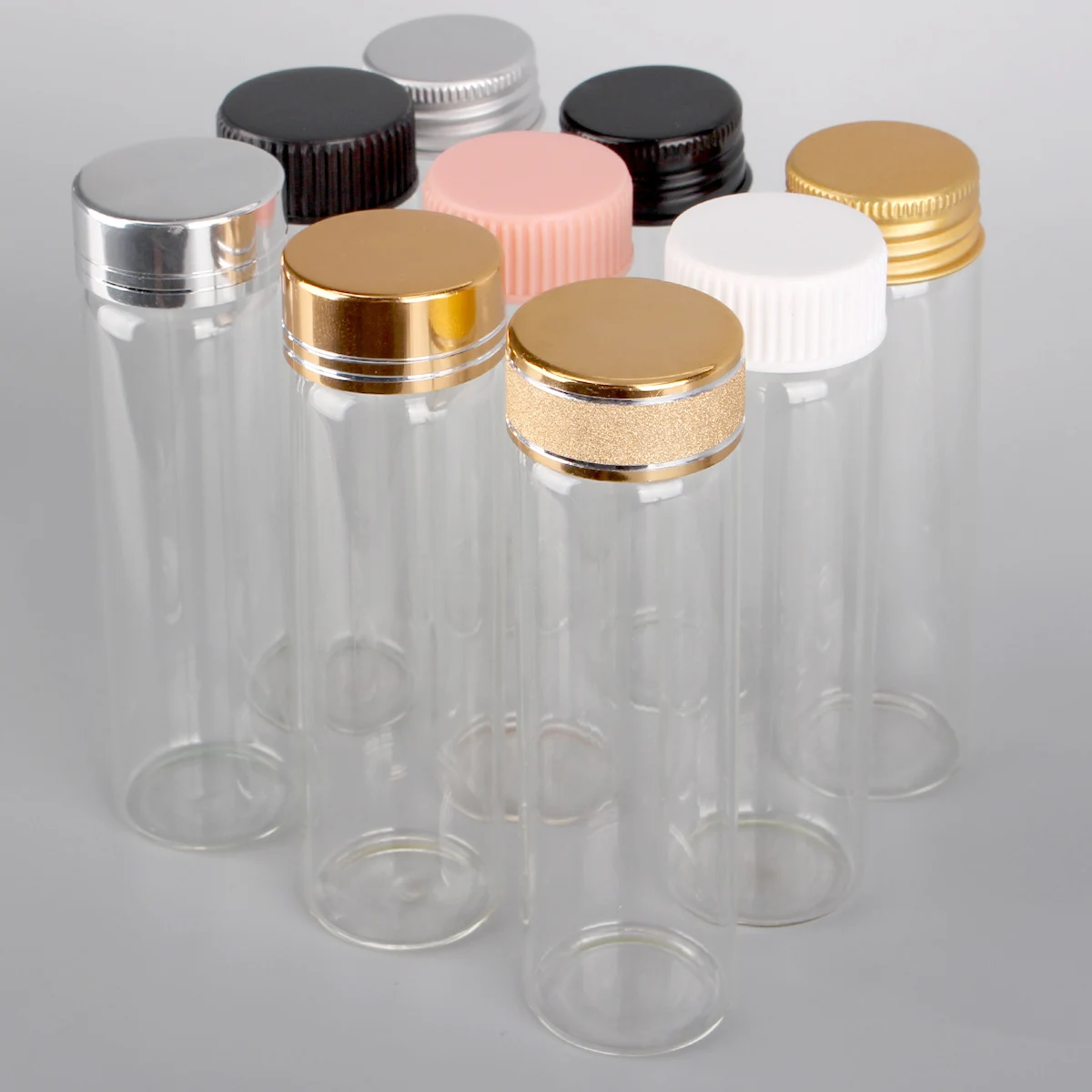 12pcs 50ml Glass Transparent Bottles with Plastic/Aluminum Lids Empty Spice Jars Vials for Wedding Favors 9 Stytles U-pick