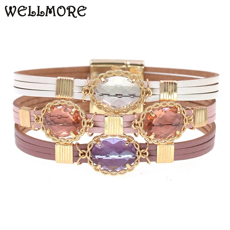 

WELLMORE women bracelet bohemia leather bracelets for women fashion glass charm bracelets & Bangles Female Jewelry