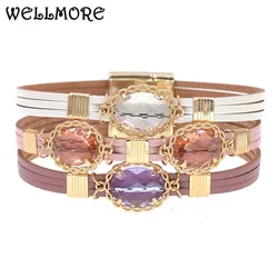 WELLMORE women bracelet bohemia leather bracelets for women fashion glass charm bracelets & Bangles Female Jewelry