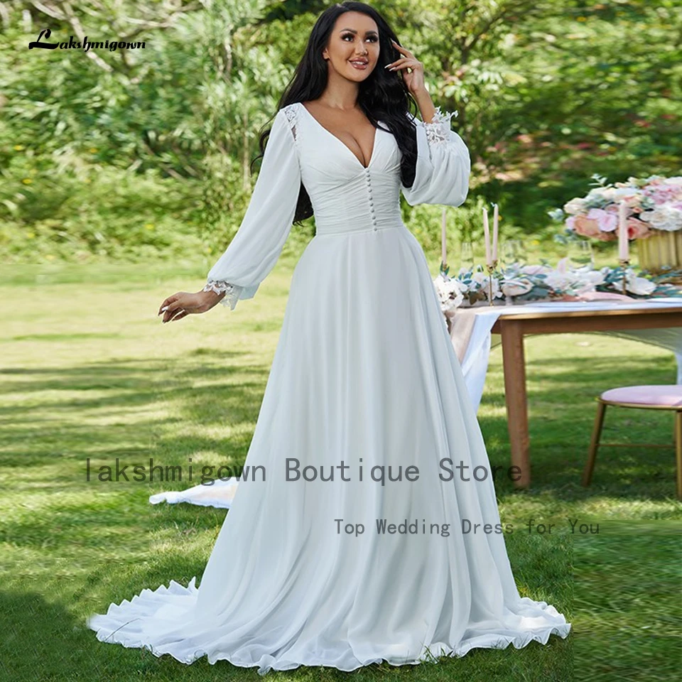 

Lakshmigown Ruched Puffy Chiffon Long Sleeve Boho Wedding Dress Country Summer 2022 Princess Bridal A Line Wedding Dress V neck