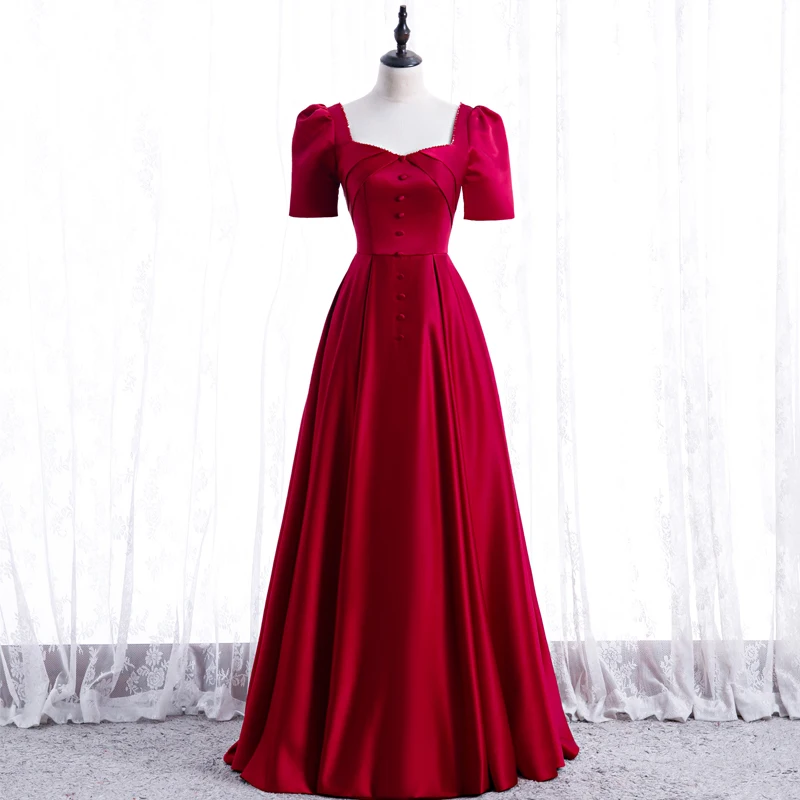 

Square Collar Elegant Evening Dress Short Sleeves A-Line Empire Simple Floor-Length Burgundy Party Formal Dresses Woman B1187