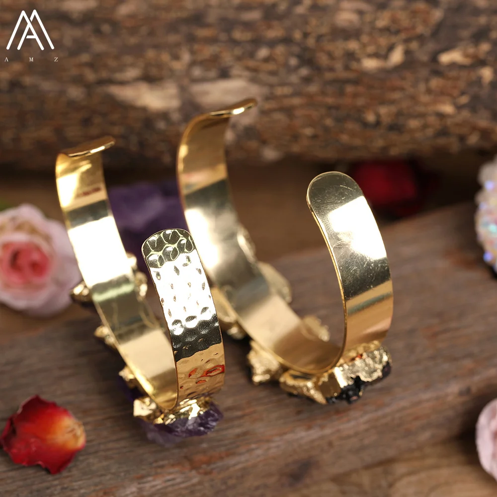 Luxury Women Natural Stone Beads Open Cuff Wristband Bracelet Amethysts Quartz Black Tourmaline Bracelet Jewelry Dropship Gift