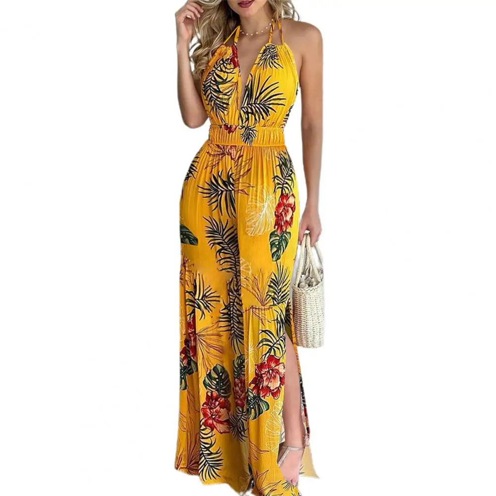 Dropshipping! Gợi Cảm Thời Trang Jumpsuit Nữ Không Tay In Hình Ống Rộng Xẻ Viền Dây Rời-Cổ Rộng Jumpsuit Áo Liền Quần