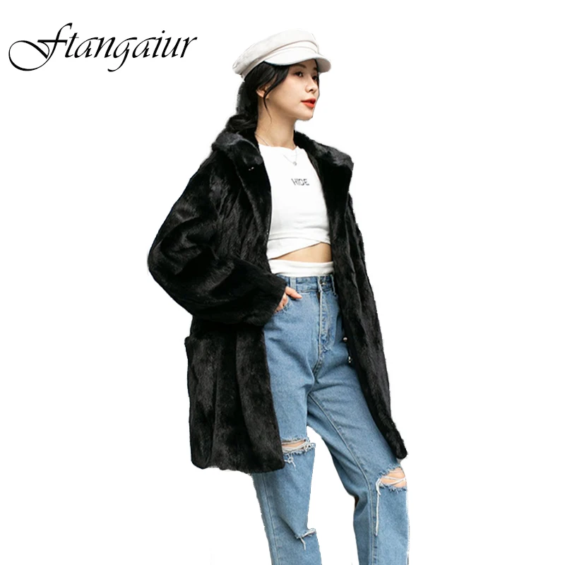 

Ftangaiur New Winter Import Velvet Mink Fur Coat With Fur Hood Full Pelt Natural Fur Coat Women Medium Real Mink Fur Coats