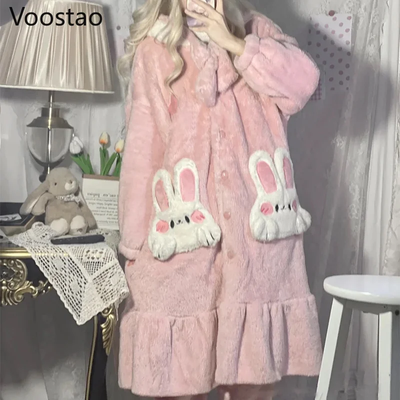 Autumn Winter Women Sweet Lolita Coral Fleece Pajamas Dress Cute Cartoon Rabbit Ears Hooded Homewear Robes Girls Plush Nightgown