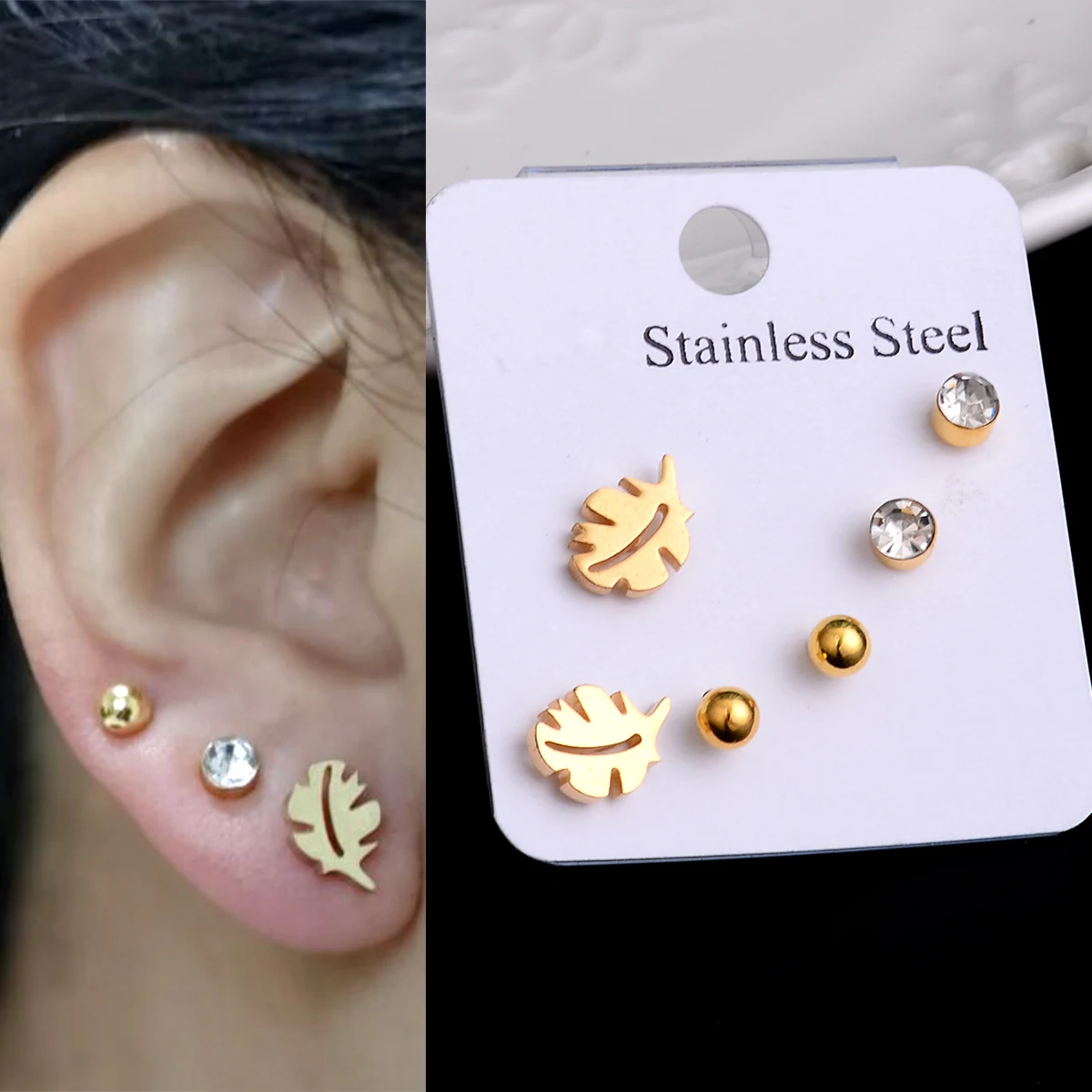 

Gold Silver Color Stainless Steel Stud Earring Set Charm Heart Leaf Butterfly Cross Earring Women Girls Piercing Jewelry