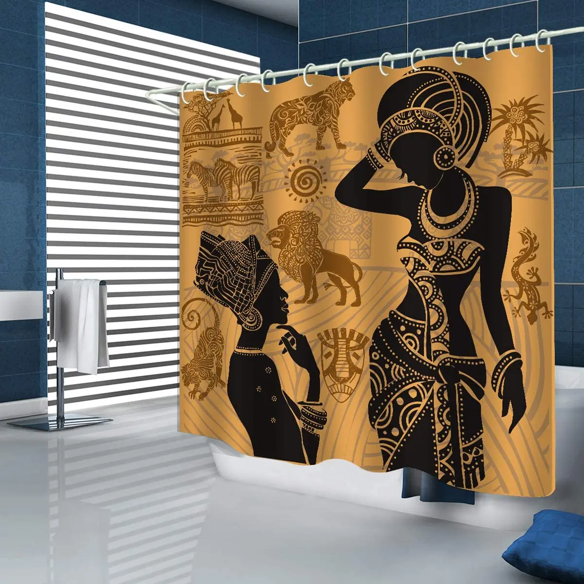 Cortina de ducha impermeable de poliéster para bañera, decoración de baño, estilo africano, estampado de la tribu de estepas