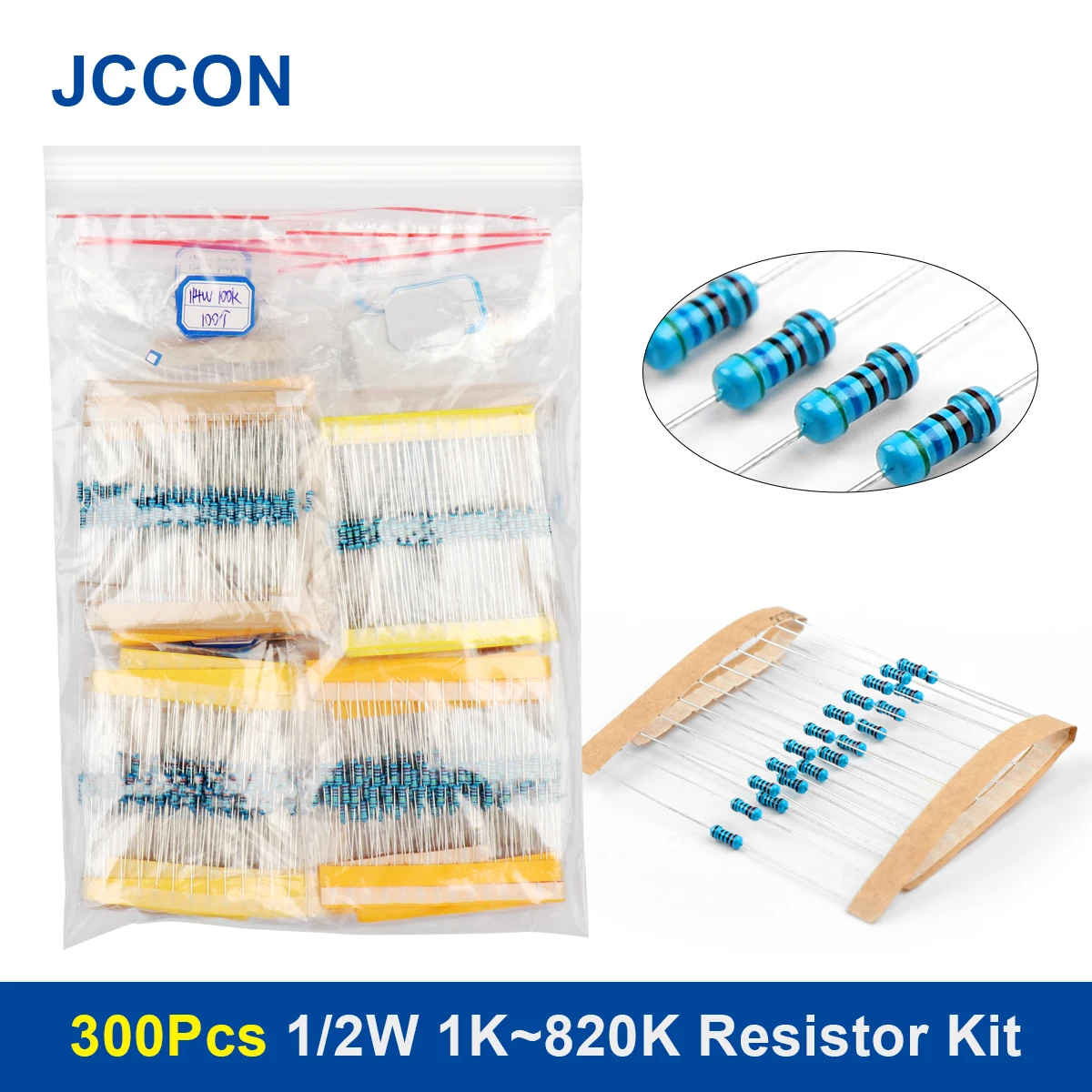 300Pcs 1/2W 1K~820K Metal Film Resistor Assorted Kit 30Values x 10Pcs=300Pcs Sample Kit Color Ring Resistance 1K 1K5 2K