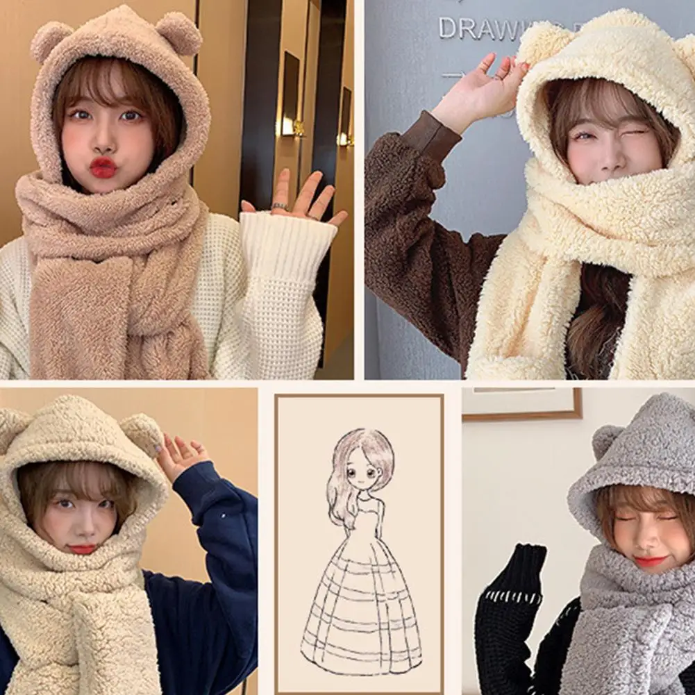 3 In 1 Women Fluffy Plush Warm Cat Ears Hooded Scarf Earflap Hat Gloves Mittens Cartoon Animal Hoods