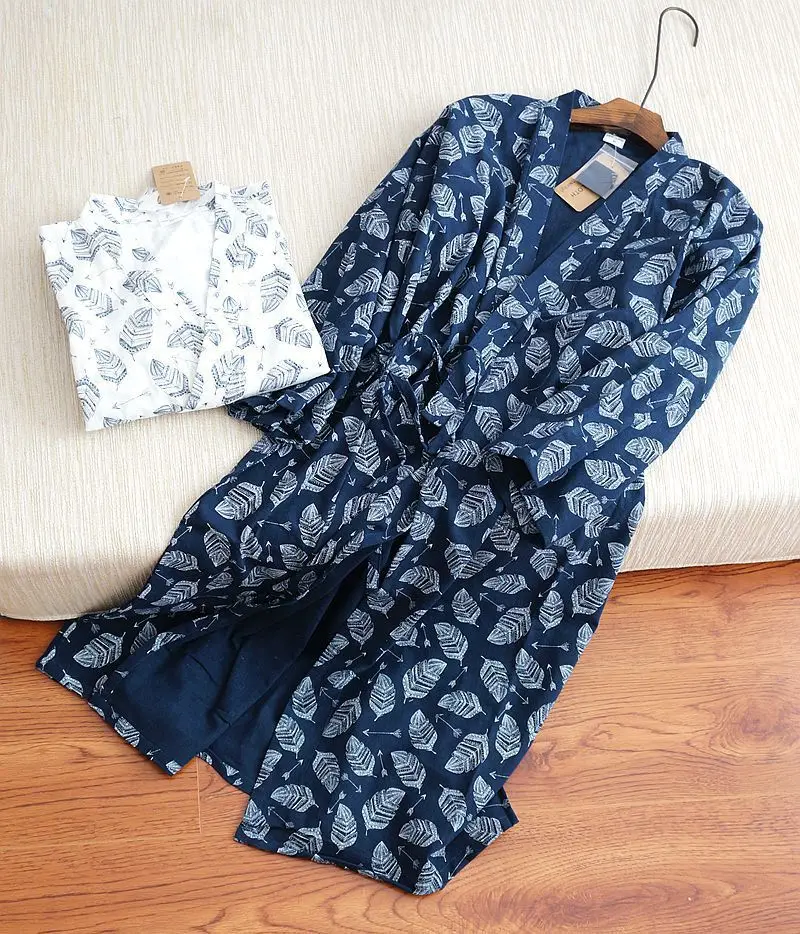 Oversize estilo japonês kimono cardigan conjunto de roupa de dormir masculina roupão de algodão confortável casa terno robe sleepwear diário casual