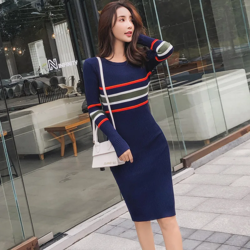 Drucken Striped Mantel Bodycon Gestrickte Kleid Frauen Lange Hülse Beiläufigen Frauen Kleider Neue Ankunft 2019 Runway Kleider Hohe Qualität