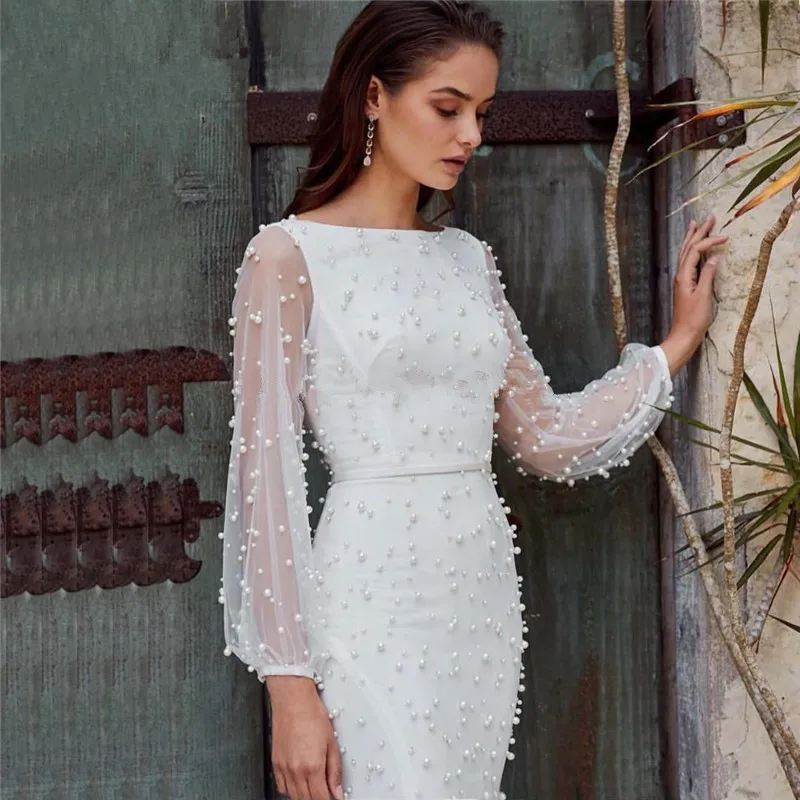 Customized Elegant White Muslim Evening Dresses Mermaid Long Sleeves Pearls Dubai Saudi Arabic Long Evening Gown Prom