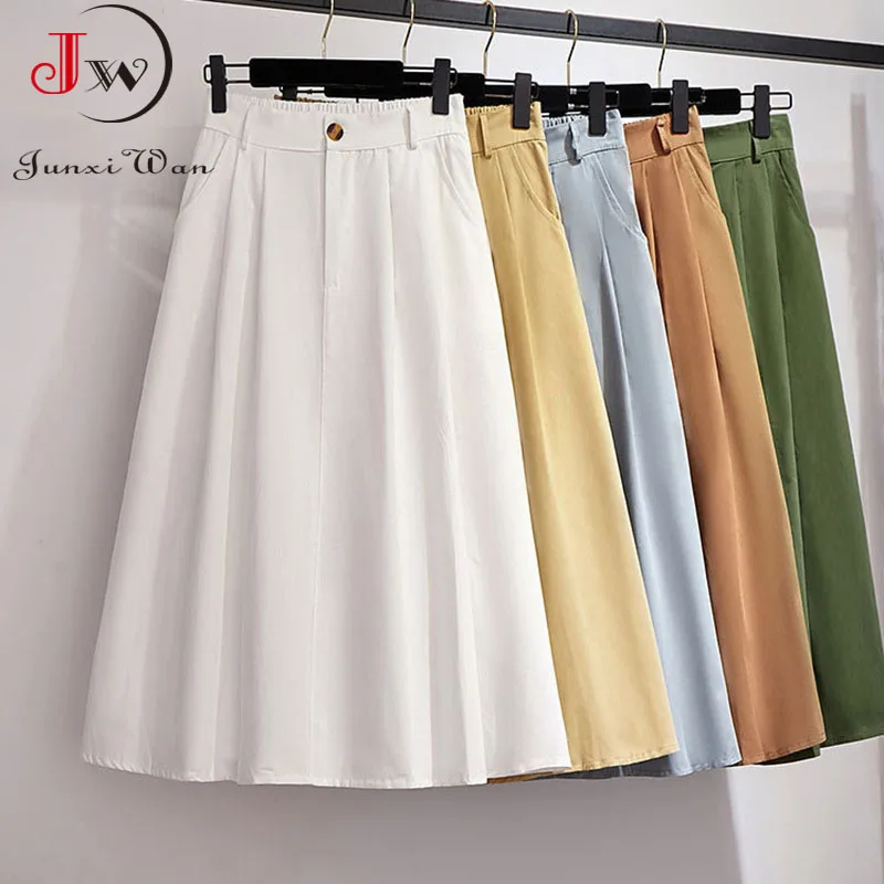 Women Cotton Skirt Spring Summer Preppy Style Solid Casual Elegant Pocket Elastic High Waist A-Line Midi Skirts Faldas