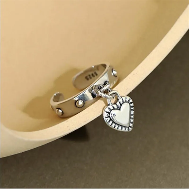 Retro Love Simple Personality 925 Sterling Silver Jewelry Tassel Tag Heart Shaped Exquisite Popular Opening Rings  R317