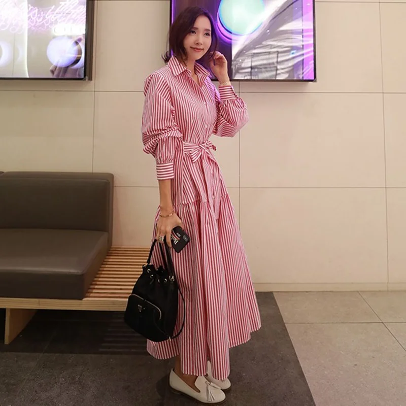 Women Striped Shirt Long Dress Slash Bow Up Korean Fashion Female Long Section Asymmetry Dress Autumn Spring