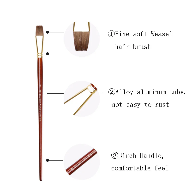 전문 플랫 족제비 헤어 페인팅 브러시 펜, 아티스트 수채화 페인트 브러시, 아크릴 유화 드로잉 미술 용품