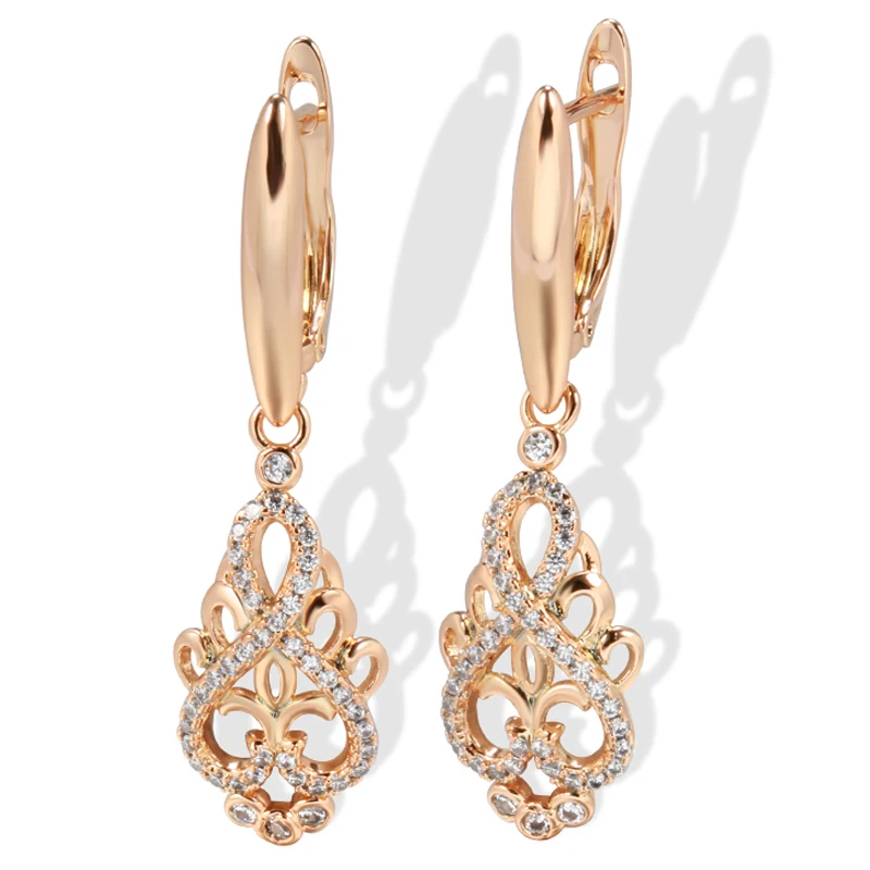 Kinel Hot Trend Crystal Flower Long Dangle Earrings for Women Natural Zircon 585 Rose Gold Color Ethnic Bride Fine Daily Jewelry