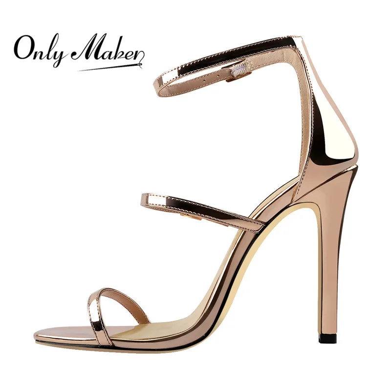 Onlymaker Women Ankle Strap Stiletto Open Toe Sandals  Gold And Silver Wedding Shoes Large Size Party Wending Dress  Shoes