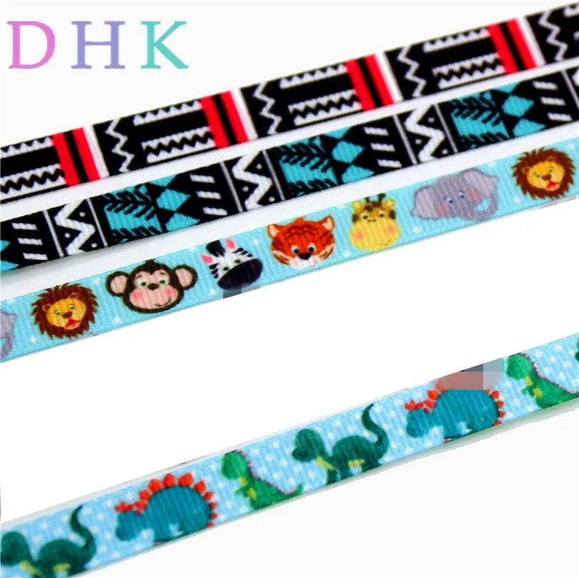 DHK 3/8inch  Dinosaur Geometrical Animals Printed Grosgrain Ribbon Material Headwear DIY Decoration OEM 9mm S738