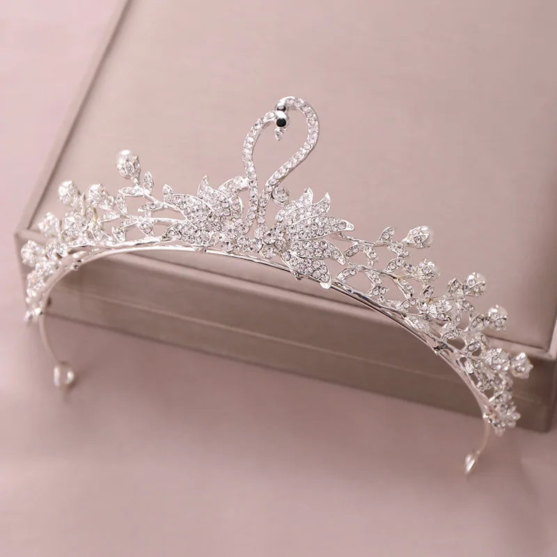 Trendy Silver Color Pearl Rhinestone Swan Crown Bride's Tiata Wedding Headdress Jewelry Hair Ornaments Bride Princess Crown Gift