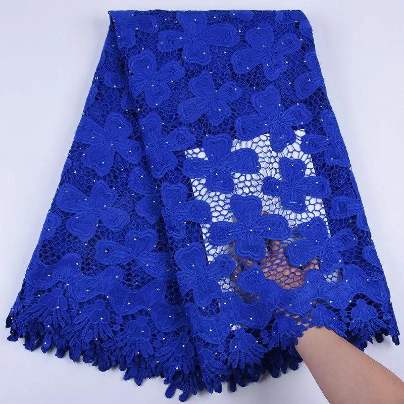 

2019 New Arrival African Lace Fabric High Quality Lace Stoned Guipure Cord Lace Royal Blue Water Soluble Lace Fabric For Wedding Dress S1731