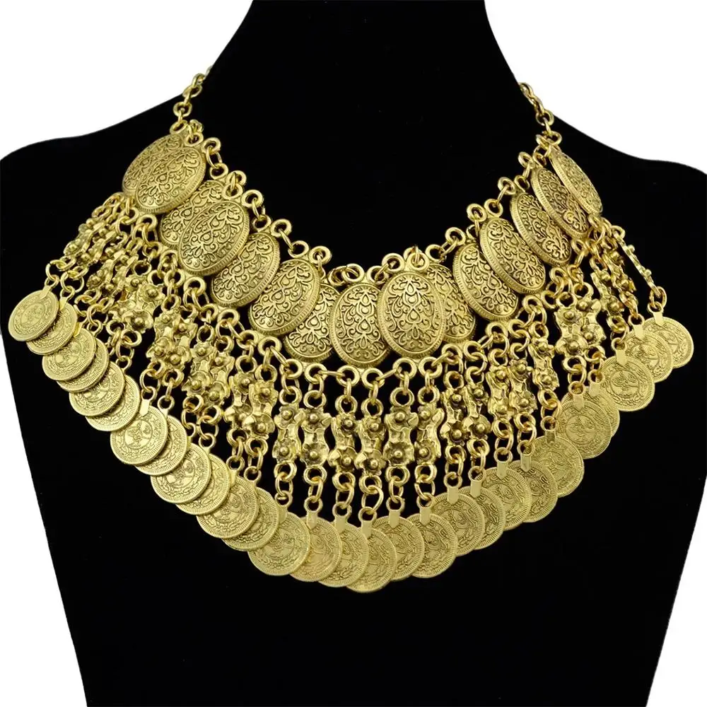 Gypsy Coin Tassel Necklaces for Women Vintage Silver Color Alloy Statement Collar Necklace Vintage Turkish Indian Jewelry Gift