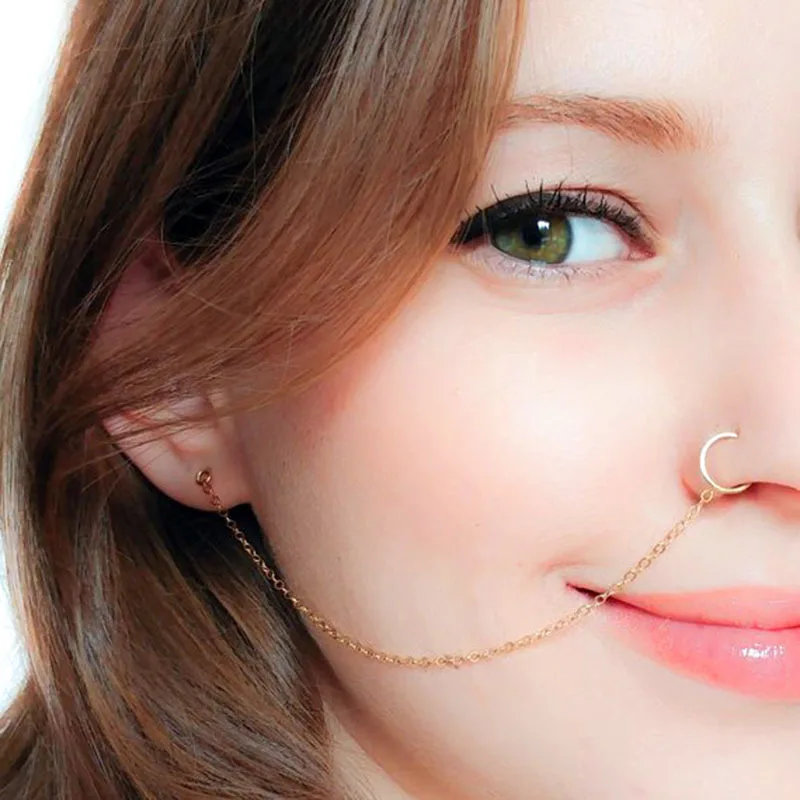 Retro Nose Ring Chain Earrings Hook Ring Round Nose Piercing Ear Bone Lip Rings Piercing Women Unique Body Jewelry