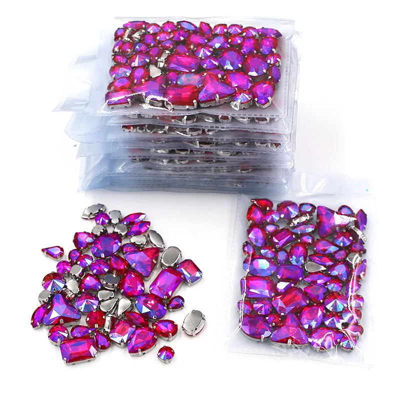 Best seller Wholesale 5 bags mixed shape sew on glass Red AB silver base rhinestones diy dress/Clothing accessories