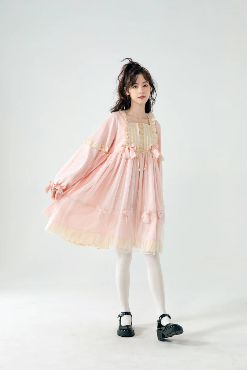 Lolita Kawaii Fashion Party Dress Girls Christmas Pink Cute Mesh Lace Casual Autumn Bandage Princess Fairy Pearl Tulle Dresses