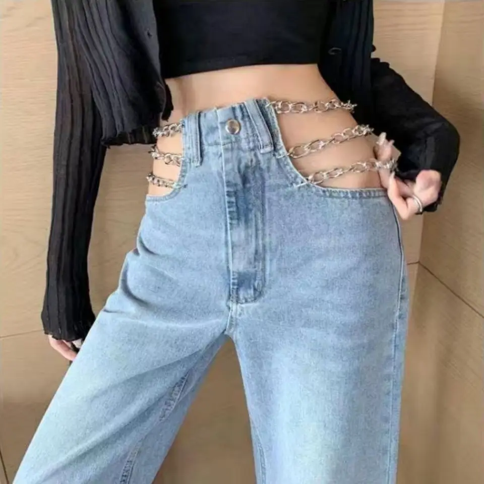 Jeans Women Autumn Spring New Fashion COTTON Full Length MID Straight Chains Softener Korean Sweet Straight Girls Jeans