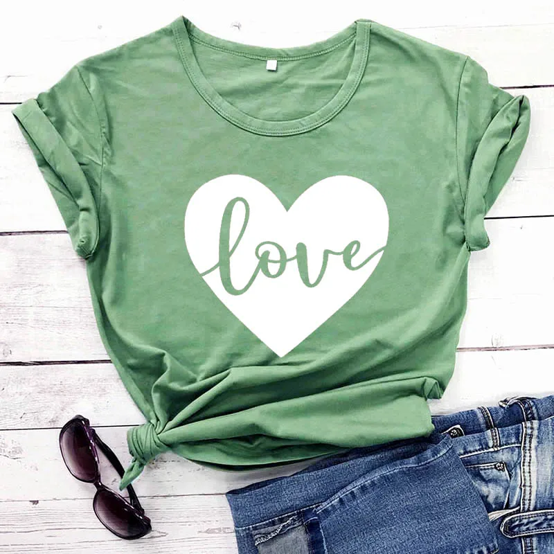 Love with Heart Valentine's Day Shirts New Arrival Women's Funny Casual 100%Cotton Health Material T-Shirt Valentine Gift Shirt