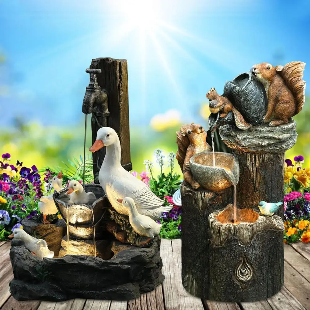 Animal Garden Statue Water Fountain Solar Garden Squirrel Duck Resin Decor Home Garden Craft Decor