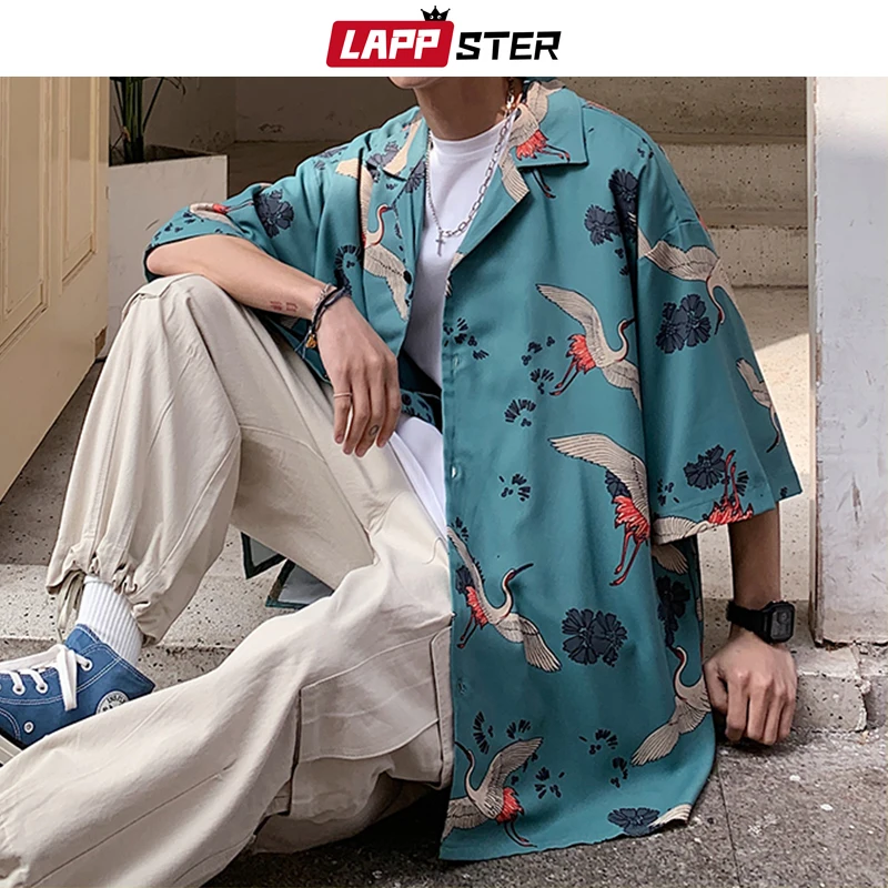 LAPPSTER Y2k Crane Print Shirts Harajuku Tracksuits 2023 Summer Vintage Button Up Short Sleeve Shirts Korean Suit Set Shorts