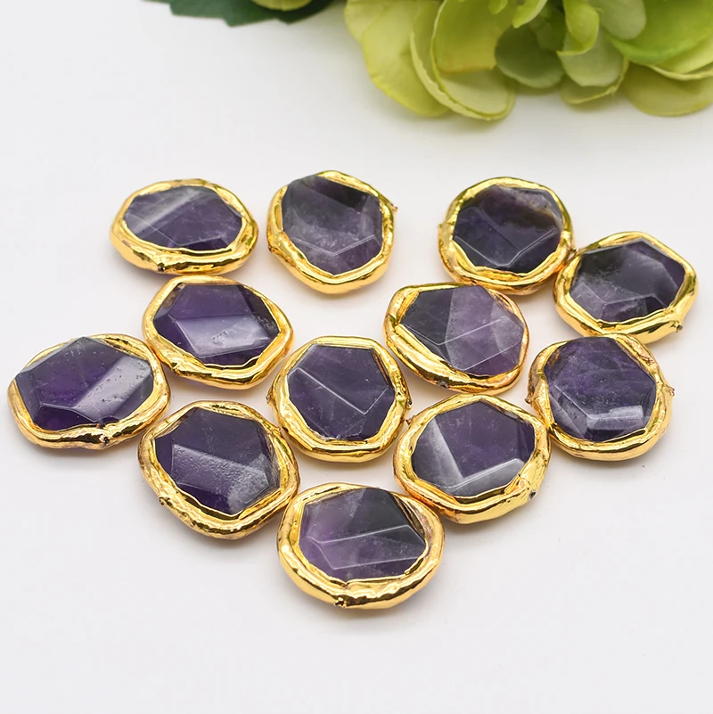 5PCS Natural Purple Amethyst Rectangle Gold Plated Edge Connector Spacer Beads