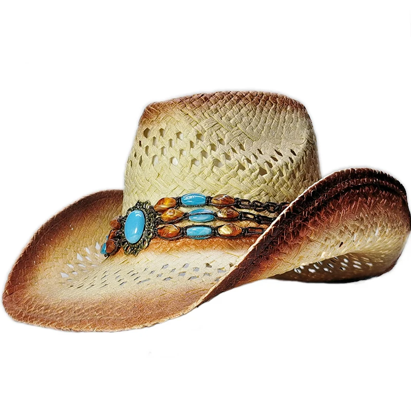 LUCKYLIANJI Women's Men's Unisex's Hard Raffia Hollow Wide Brim Sun Beach Cowboy Hat Turquoise Vintage Hat Band ( Size 56- 58cm)