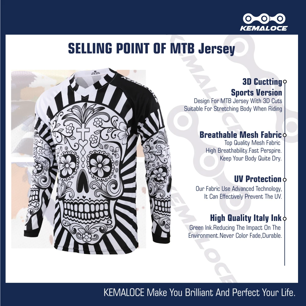 KEMALOCE Long Sleeve Men Mtb Jersey Quick Dry Sport Motocross Jersey White Skull BMX Bicycle Top Mountain Bike Shirt Uniform