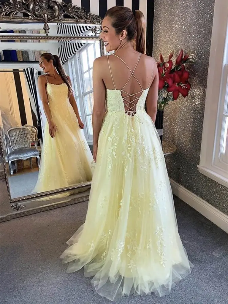 Candy Color Light Yellow Prom Gown with Lace Appliques Double Spaghetti Straps A-line Evening Dress for Special Occasions