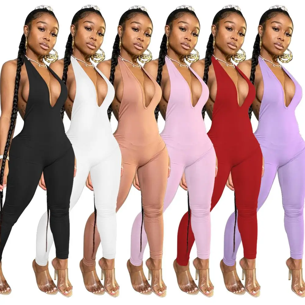 Sexy Diepe V-hals Backless Body Jumpsuit Vrouwen Zomer 2020 Casual Fitness Mouwloze Leggings Bodycon Rompertjes Womens Jumpsuit